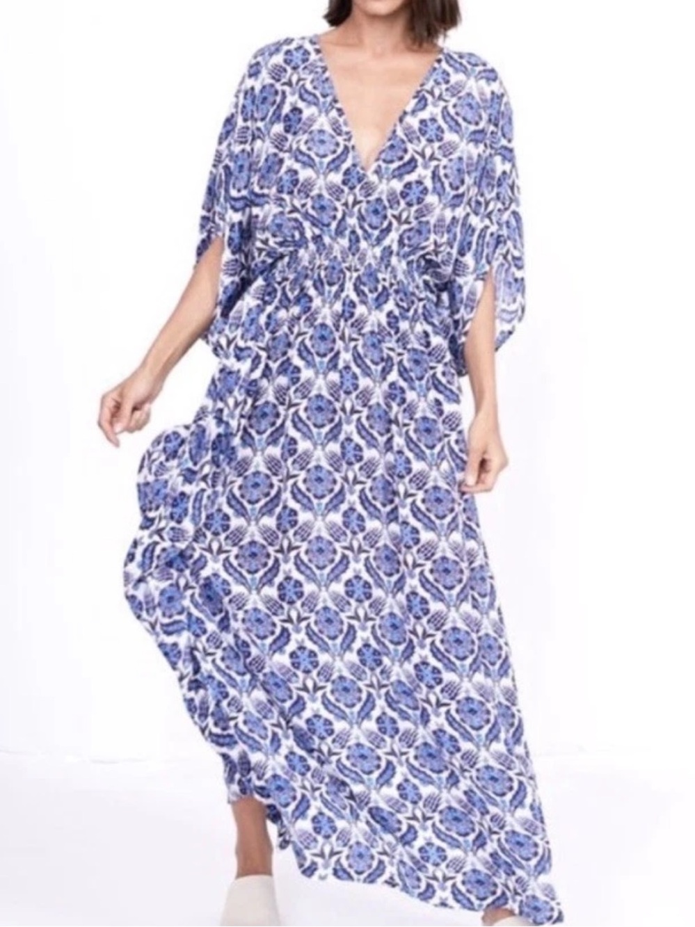 Rujuta Sheth Marie Fairy Cottage Boho Kaftan Maxi Dress M/L Blue Floral Cinch